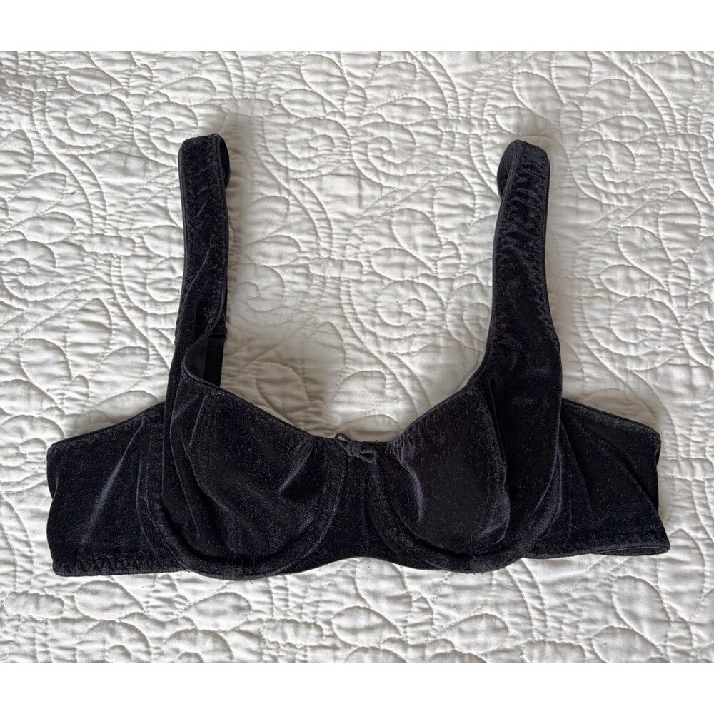 Vintage 90s Victoria Secret Black Velvet Wide Strap Underwire Balconette Bra 34A